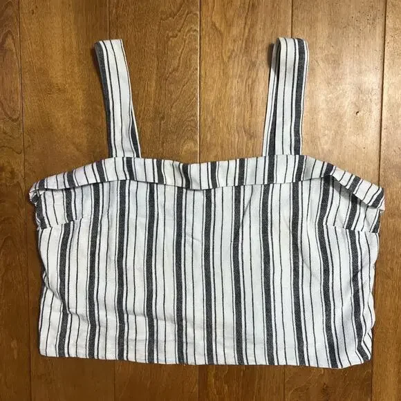 American Eagle Linen Blend Striped Crop Top Size L Grey Nautical Coastal Boho - Picture 2 of 9